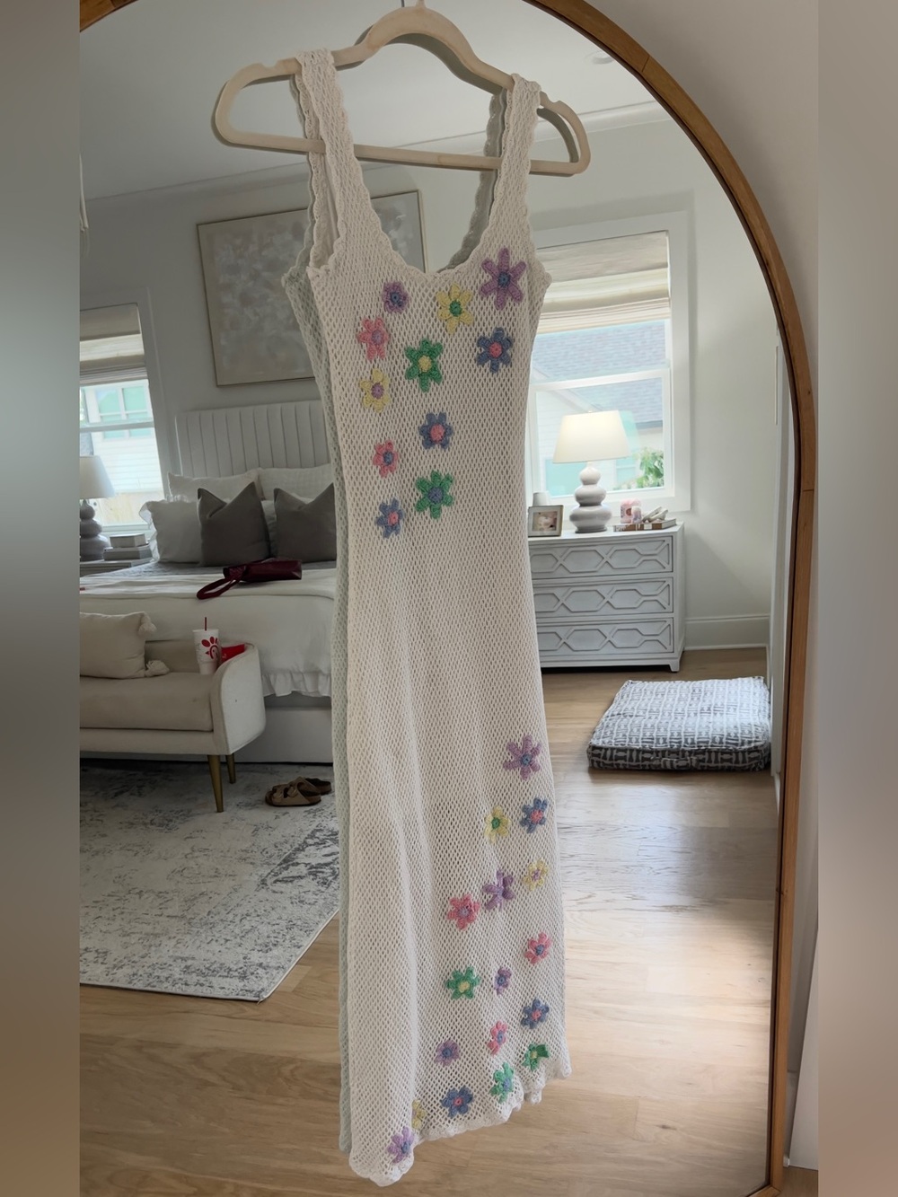Beach Riot White Mesh Maxi Dress with Pastel Floral Appliqués